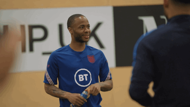 Raheem Sterling smiling on set with Lucozade Sport In Manchester